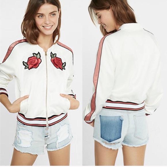 Express Jackets & Blazers - Express White Rose Patch Bomber Jacket - L